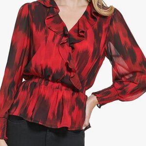 Calvin Klein NWT Red Faux Wrap Ruffle Blouse